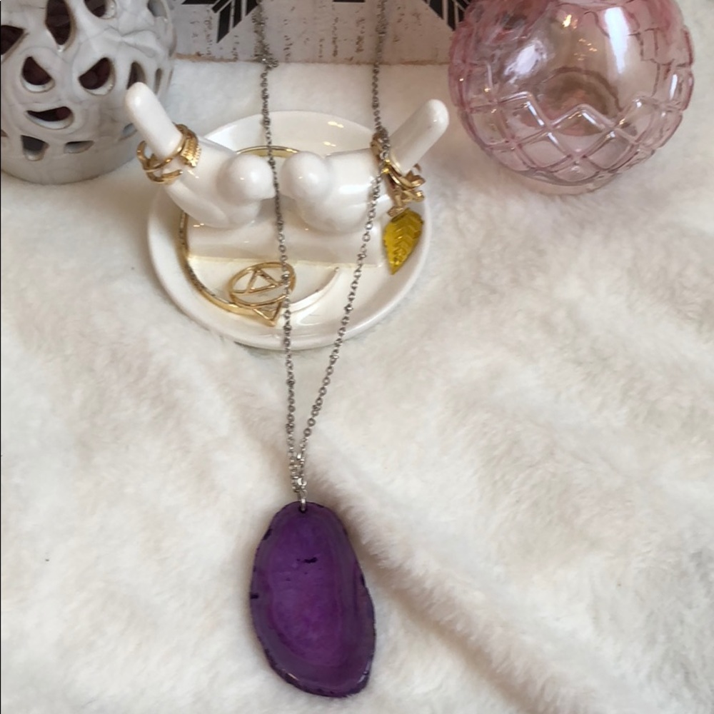 Genuine Purple Agate and Silver Long Necklace